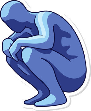 A blue, stylized figure is crouched, head down, arms wrapped around knees