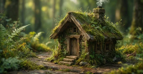 Sierkussen Meisjeskamer whimsical moss covered fairytale cottage in enchanted forest with chimney smoke.  © Elizabeth_Art