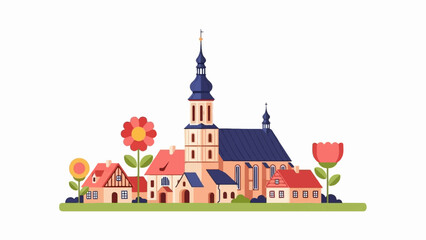 Fototapeta premium A charming village scene with a prominent church and cozy houses, adorned by vibrant flowers