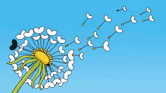 A cartoon dandelion with seeds blowing away on a clear blue sky background