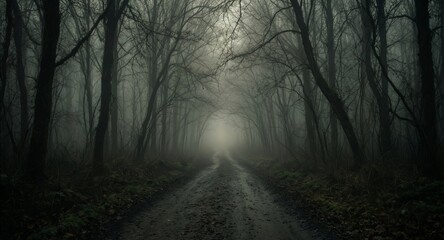 Fototapeta premium misty forest road leading into dense woods with bare trees on a gloomy day.