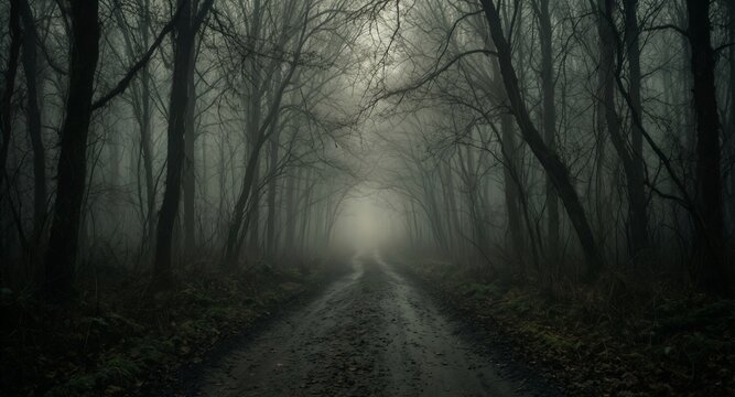 misty forest road leading into dense woods with bare trees on a gloomy day. - Powered by Adobe