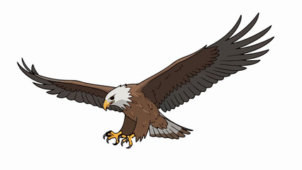 Fototapeta premium A cartoon-style brown eagle with white head and yellow beak and claws soars