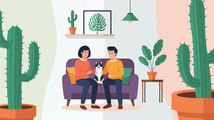 Fototapeta na wymiar A couple sits with their cat on a sofa, surrounded by potted plants and cacti in a cozy home