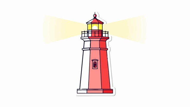 A cartoon-style lighthouse, red and white, emits yellow light beams