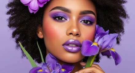 Purple Hues and Blooming Beauty: A stunning individual with captivating features is surrounded by purple iris blossoms, her makeup perfectly complements the vibrant tones.