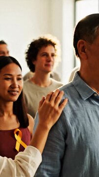A compassionate woman wearing a yellow awareness ribbon gently places her hand on a man's shoulder, symbolizing support and unity within a caring community gathering