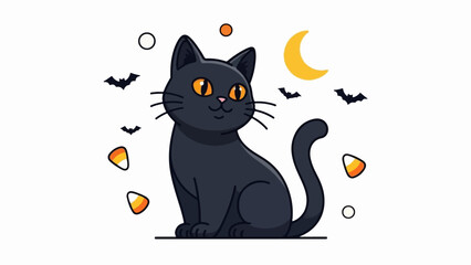A cute black cat sits surrounded by Halloween imagery like bats, candy corn, and a crescent moon