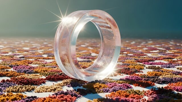 transparent ring shinning in water on land with small plants Visuals with maximum sensory appeal