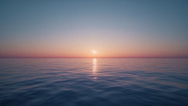 Serene sunset over a calm ocean with a vibrant sky reflecting on the water's surface.