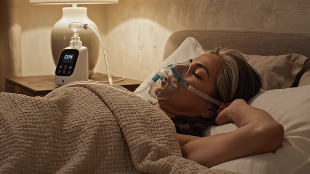 Woman sleeping with breathing mask on bed