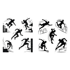 Silhouettes of depict parkour athletes engaged in dynamic movements.