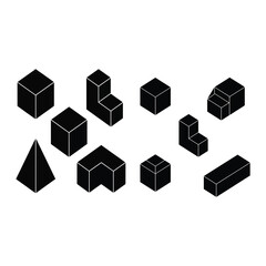 Abstract collection of black isometric geometric shapes. 