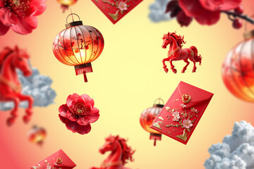 Obraz premium Chinese New Year celebration with red lanterns, flowers and festive decorations.