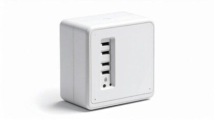White multi-bay external storage device with USB ports, display screen, and hot-swappable drive bays on plain background