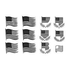 American flag variations with laurel wreaths and ribbons.