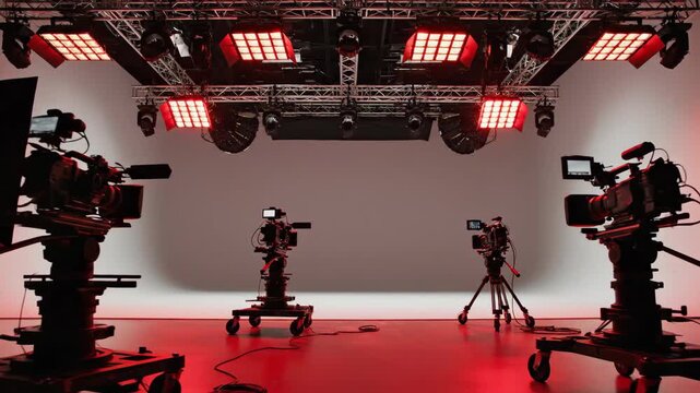 Video production studio featuring multiple cameras and red lighting equipment with a grey backdrop and overhead rigging. video