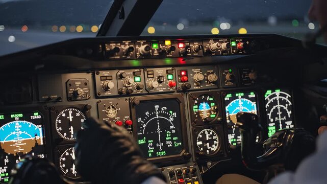 Pilot operating aircraft cockpit controls