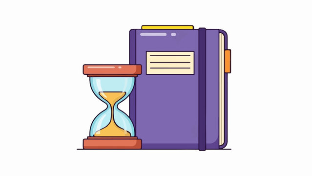 A purple notebook with a label sits next to a clear hourglass with yellow sand