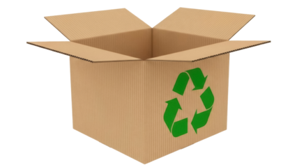 Open cardboard box with recycle symbol isolated PNG, eco-friendly packaging for shipping and moving on transparent background
