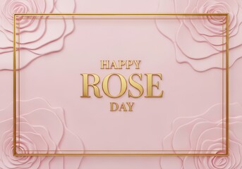 Happy Rose Day elegant golden text on a pink background with subtle rose patterns and a decorative frame