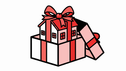 A red gift box opens to reveal several houses, tied with a bow