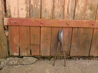 Metal shears standing in front of old wooden door with peeling paint and rusty metal brace.