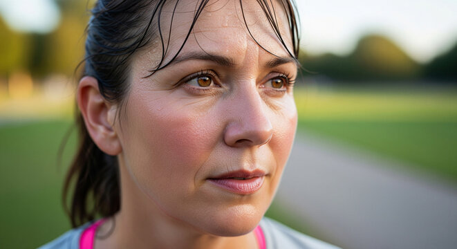 Mature female runner resting after intense workout, tired and focused on fitness goals, close-up portrait