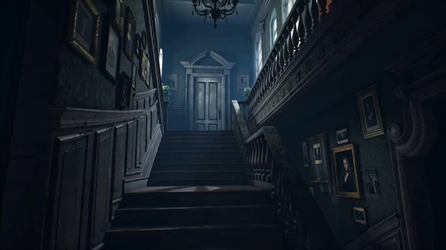 Cinematic 3D animation haunted grand staircase, abandoned mansion interior, dust particles air, antique portraits walls, chandelier swaying, faint ghostly glows, wooden balustrades scratches creaking