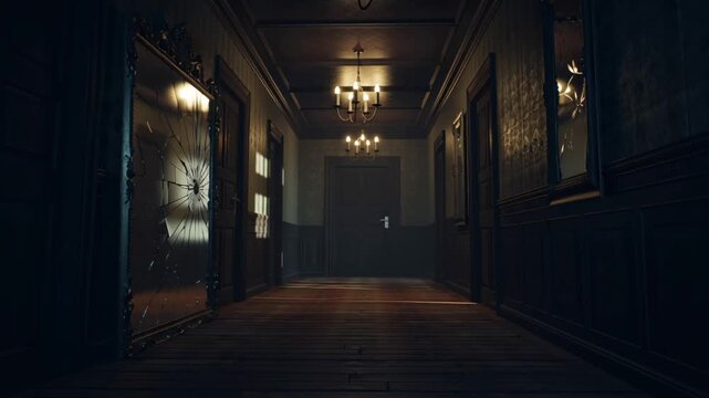 Cinematic 3D animation haunted grand staircase, abandoned mansion interior, dust particles air, antique portraits walls, chandelier swaying, faint ghostly glows, wooden balustrades scratches creaking