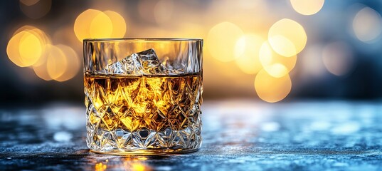 Elegant Whiskey Glass with Ice in a Luxurious Atmosphere Surrounded by Luminous Bokeh Lights