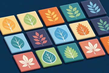 A vibrant mosaic of leaf-shaped tiles in various colors and sizes, arranged in a grid pattern on a deep blue background.