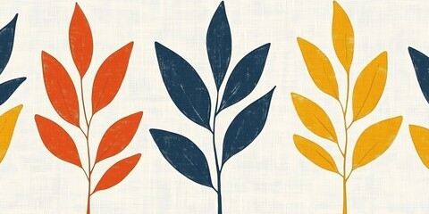 Stylized Retro Foliage Pattern Featuring Colorful Botanical Leaves in a Seamless Repeating Design