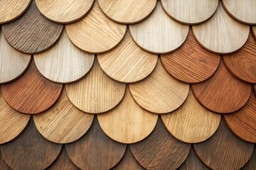 Close-up view of overlapping wooden tiles with a fish scale pattern, showing natural wood grain and texture in various warm brown tones.