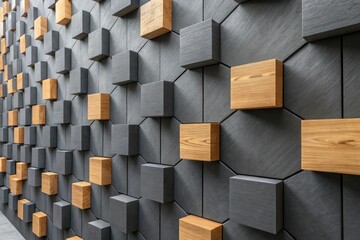 Modern architectural wall design featuring a geometric pattern of dark grey and natural wood textured cubes in varying depths.