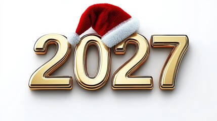 Elegant Gold Numeric Symbols Representing the Year 2027 with Santa Hat on White Background