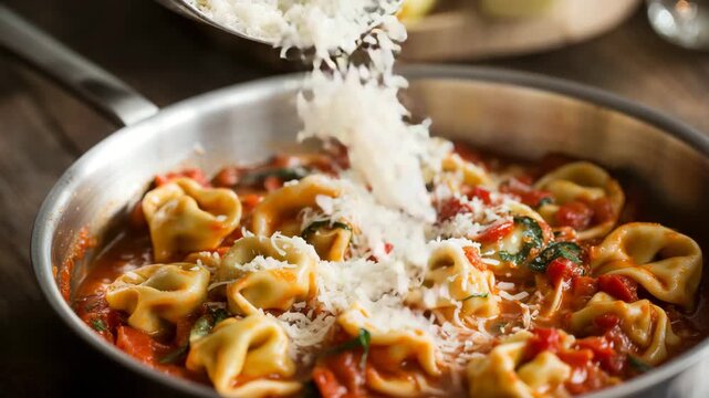 Delicious cheese tortellini being prepared in a pan with tomato sauce