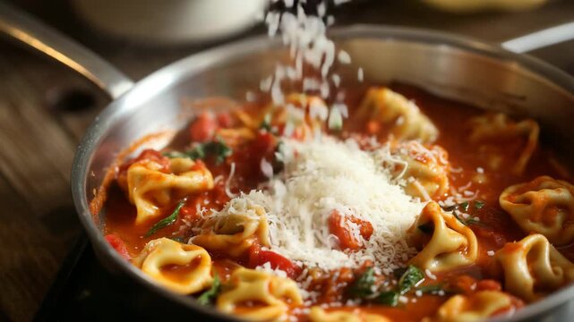Delicious cheese tortellini being prepared in a pan with tomato sauce