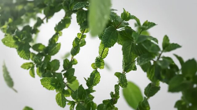 Green leaves in motion against white background