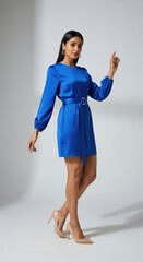 Elegant Woman in Royal Blue Dress Posing Fashionably