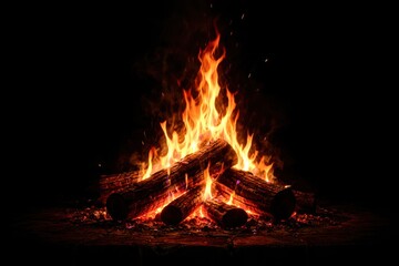 A pile of wood with a fire burning in the middle