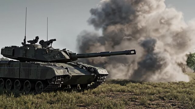 Military tank firing in field