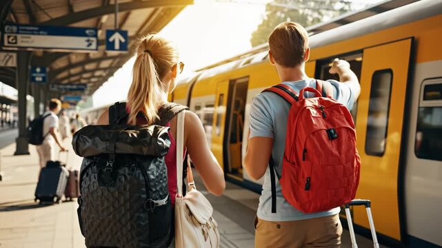 Couple with backpacks at train station