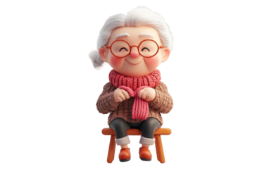 Charming cartoon old woman character with soft facial features white hair and approachable look designed in modern digital art style isolated on transparent background PNG
