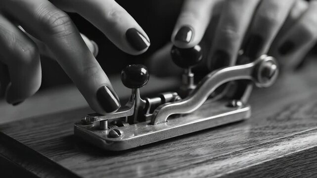 Hands operating a vintage telegraph key