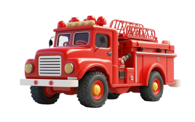 Charming animated fire engine with vibrant design, realistic details, and heroic appearance ideal for educational, safety, and creative visuals isolated on transparent background PNG