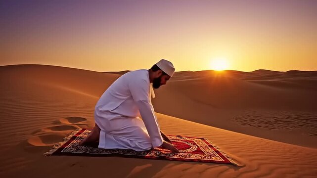 Man Praying in Desert at Sunset.