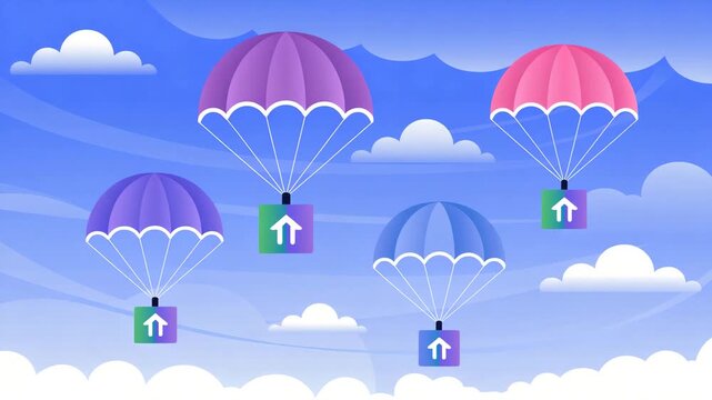 Colorful parachutes with upward arrows float gently in a serene blue sky