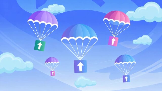 Colorful parachutes with upward arrows float gently in blue sky