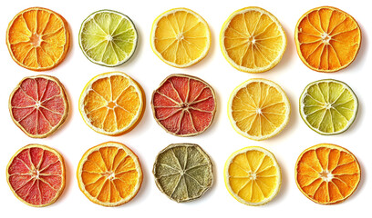 Set of dried citrus fruits isolated on a transparent background, top view.	
